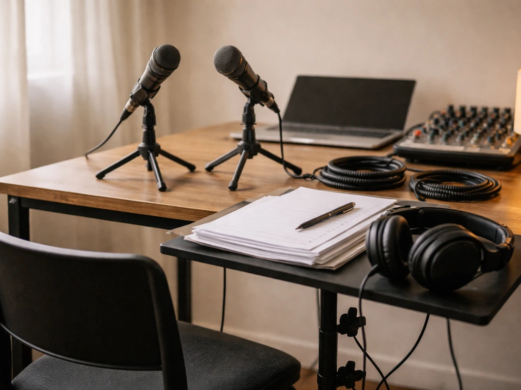 Minimal recording studio desk with microphones, headphones, mixing console, and blank lyric pages on a stand.