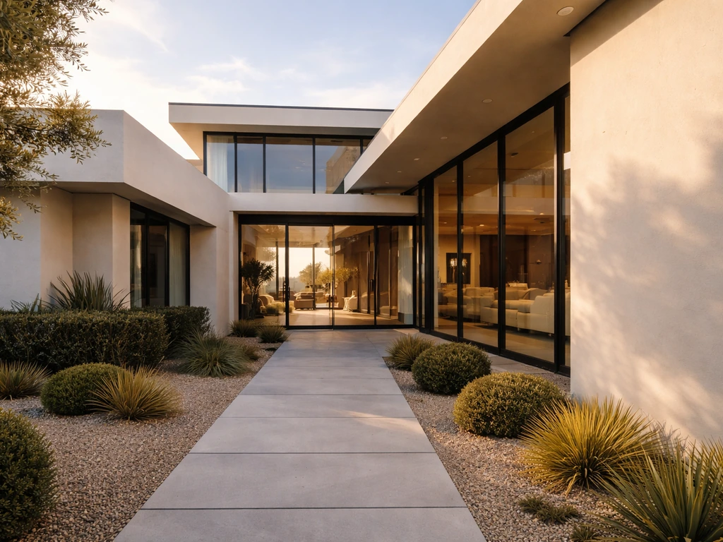 Sunlit modern Los Angeles home exterior with clean lines and glass, suggesting luxury real estate assets.