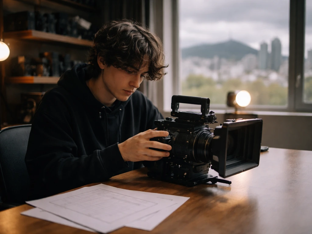 Anonymous filmmaker at a desk with a cinema camera in a minimal film office setting.