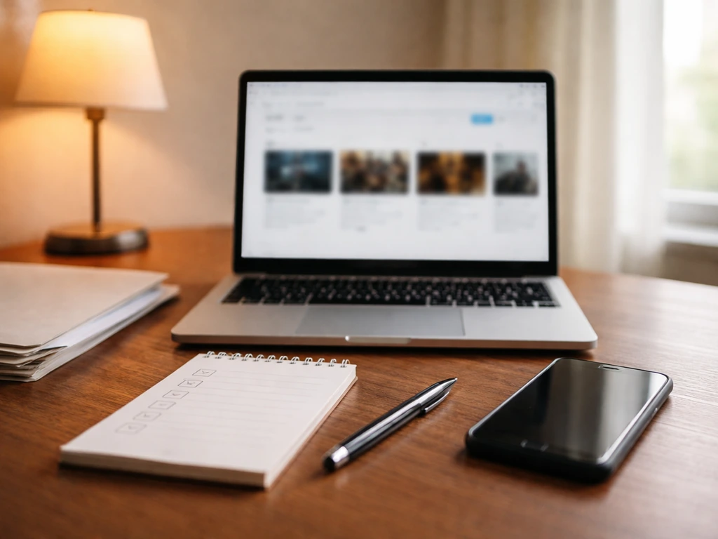 Minimal desk scene with laptop, blurred film-credit page, and blank checklist for verifying an estimate.