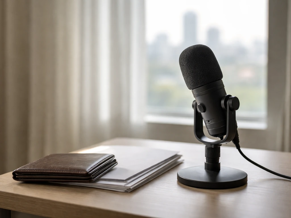Minimal photo of an anonymous podcast studio desk with microphone and a neat cash-and-document vibe