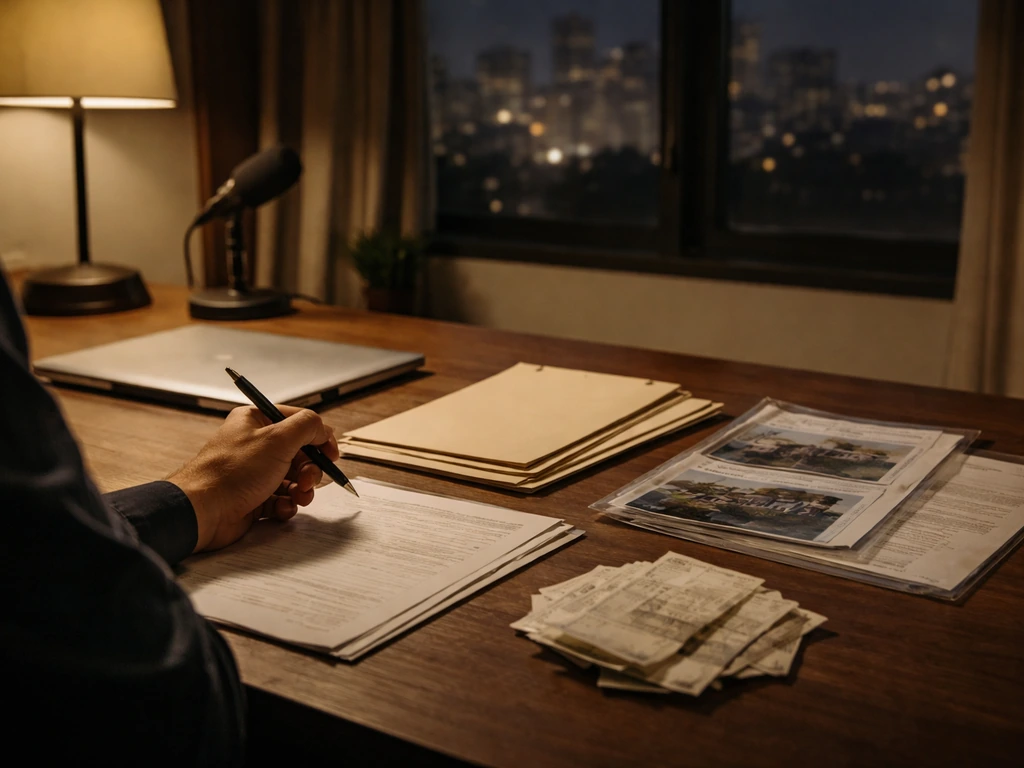 Anonymous analyst desk with folders, receipts, laptop, and microphone implying triangulated net worth evidence