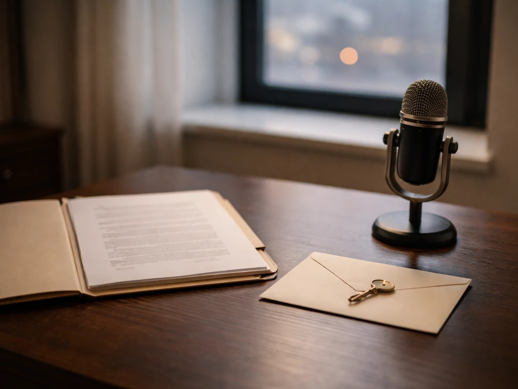 Minimal law-office desk with estate documents, envelope, key, and a microphone, no people, natural light.