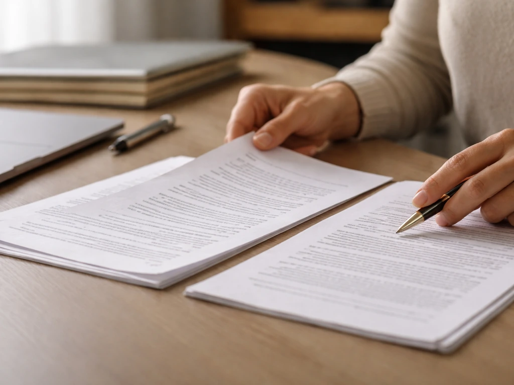 Person reviewing folded court documents and estate paperwork beside a laptop with financial records