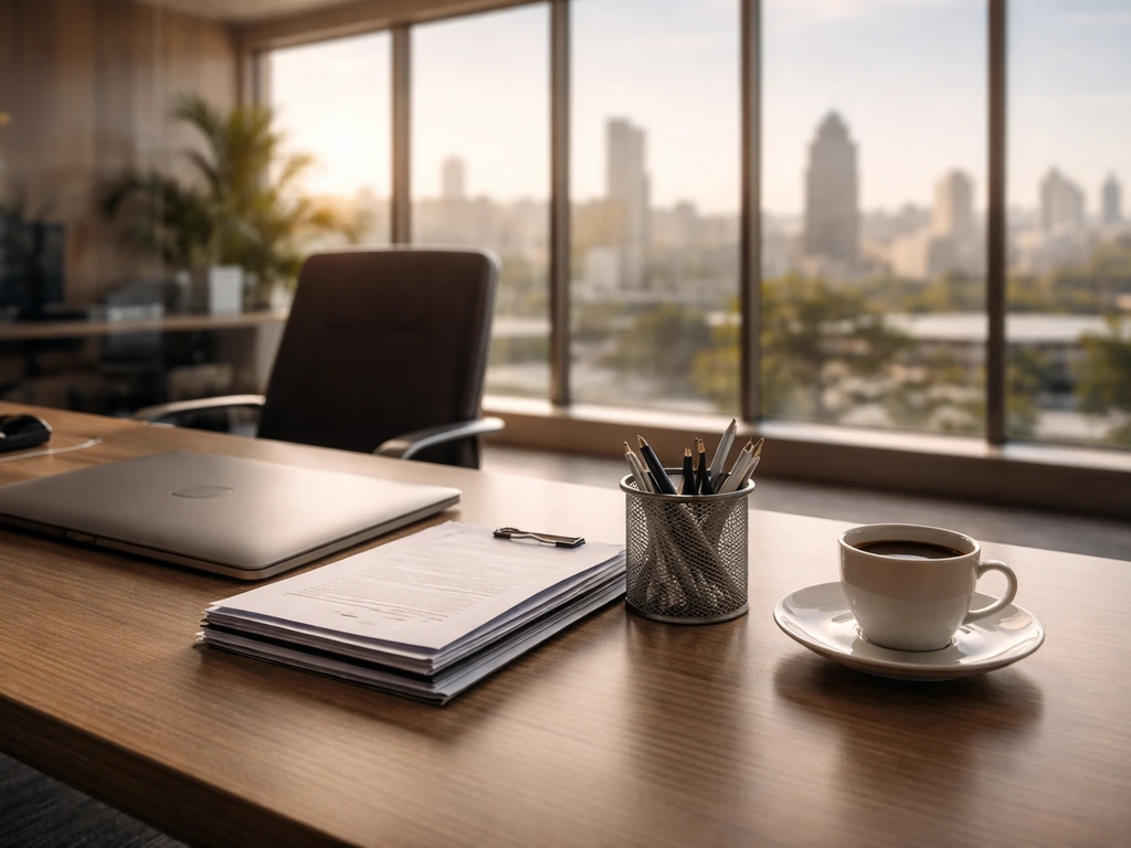 Minimal corporate office scene with a laptop and business documents symbolizing executive leadership