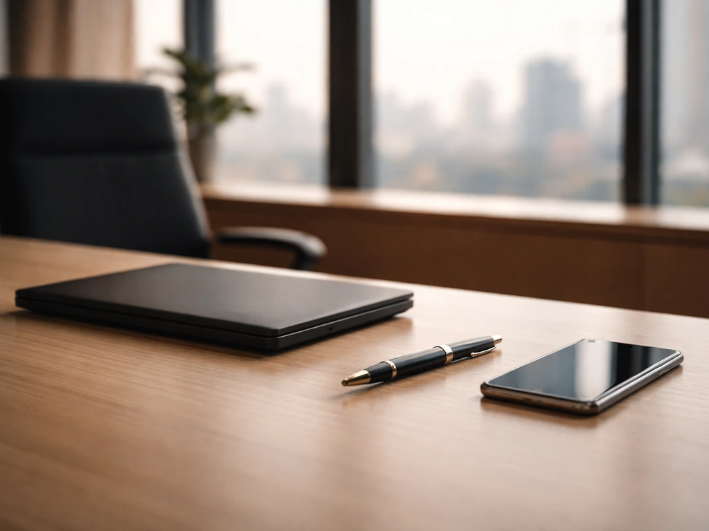 Executive office scene with a laptop and a pen on a tidy desk, suggesting CEO and leadership context.