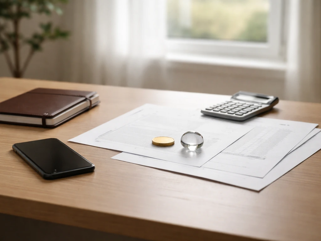 Minimal office scene with a desk calculator, smartphone, and financial documents suggesting a market-based valuation pro