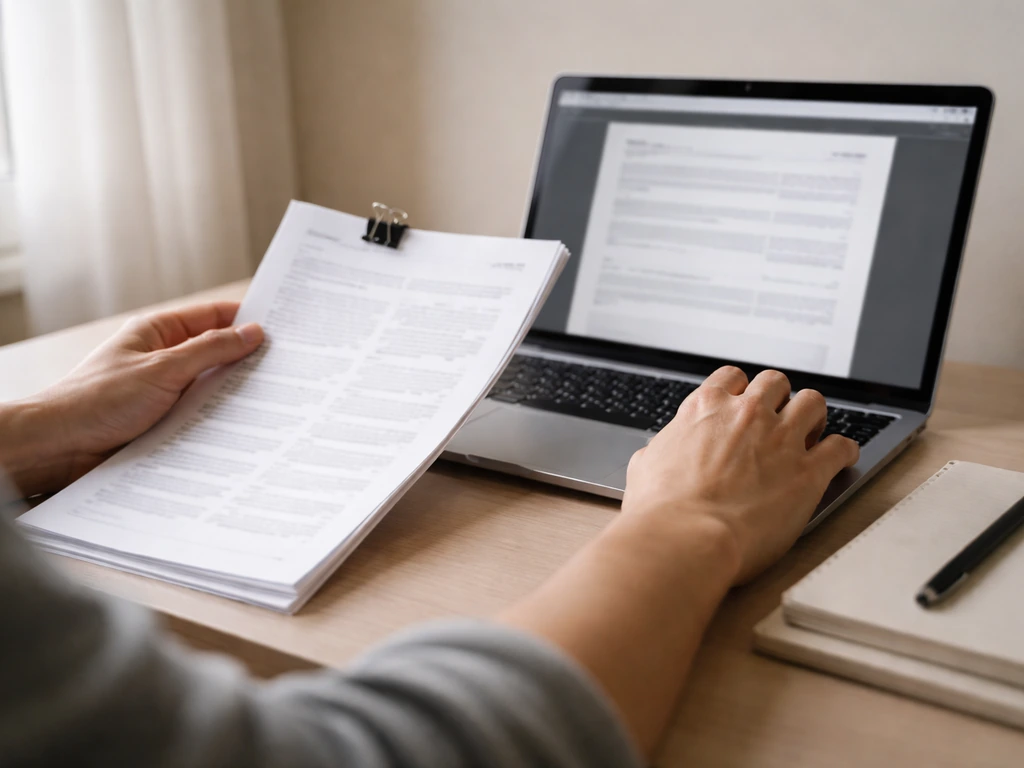 Person at desk comparing paper and a laptop browser on investor relations documents