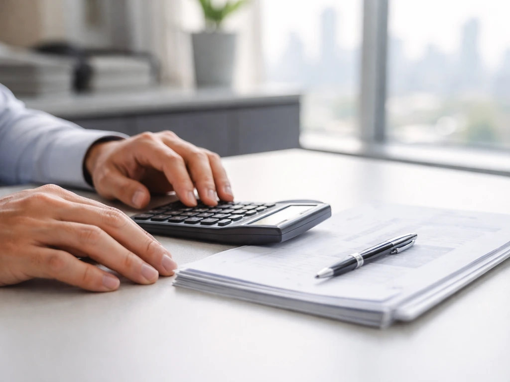 Minimal photo of a professional working at a desk with scattered documents and a calculator, symbolizing firm valuation.