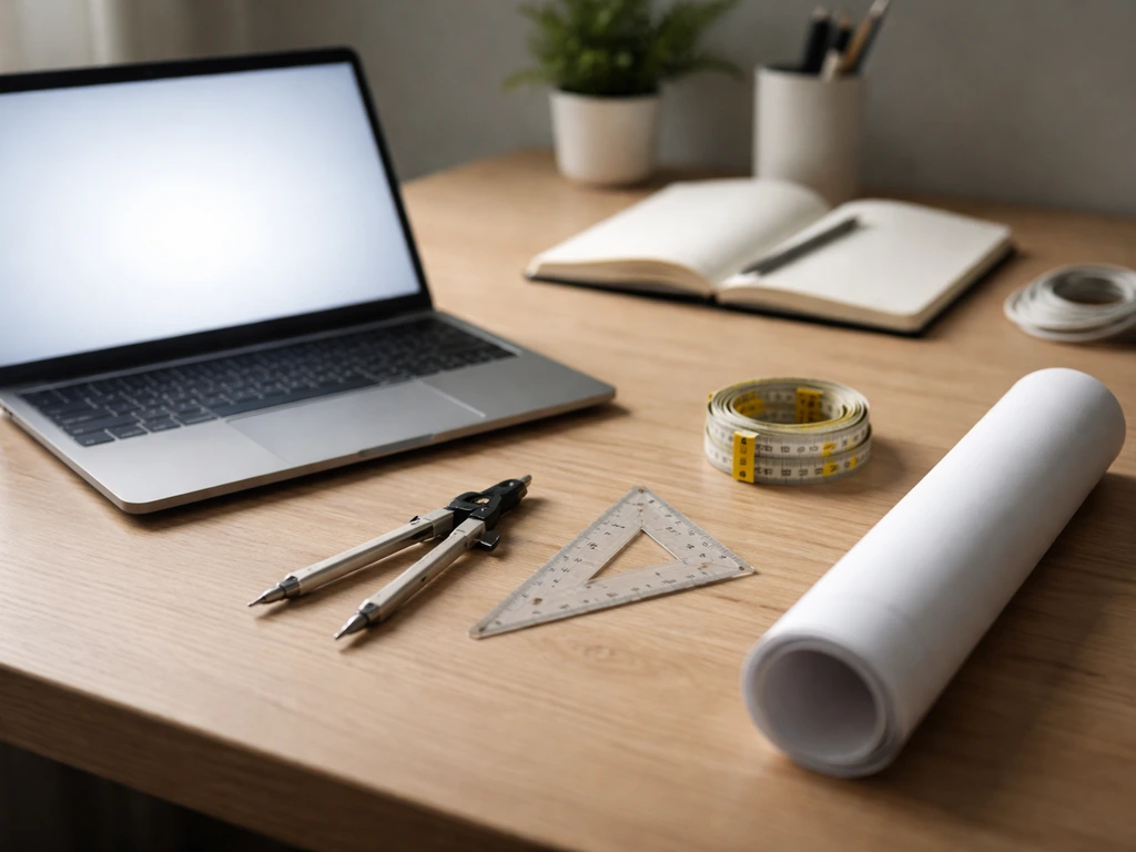 Minimal desk scene with a laptop and scattered engineering tools symbolizing wide professional services