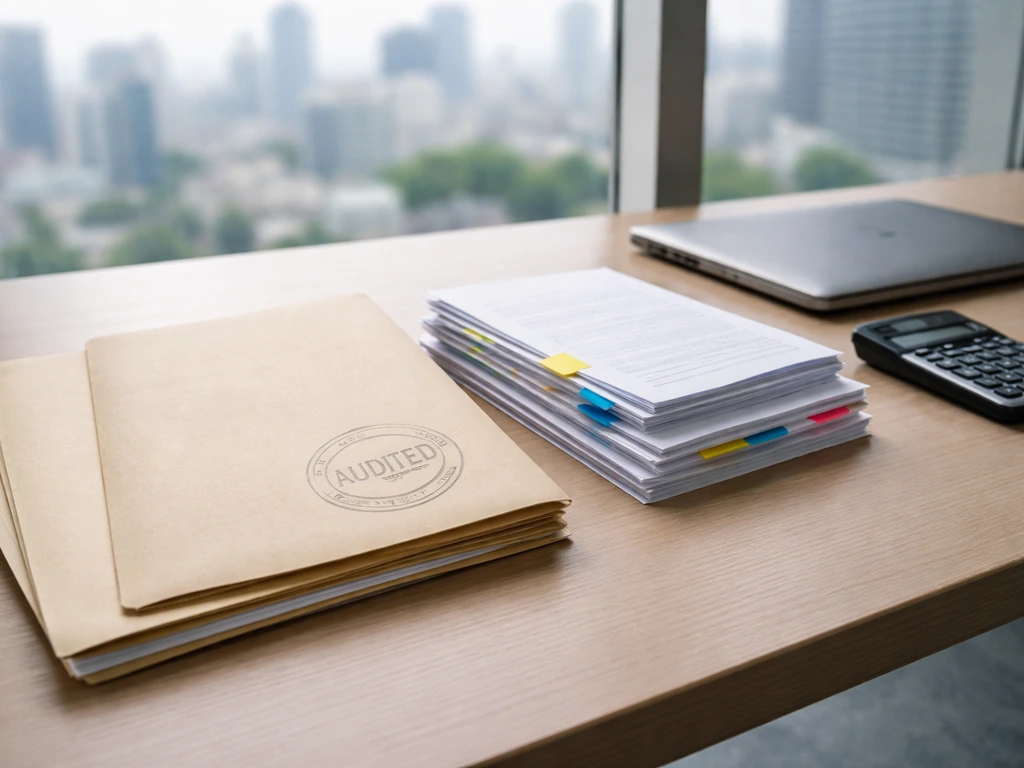 Unlabeled folders and documents on a desk suggesting audited vs not audited business estimates.