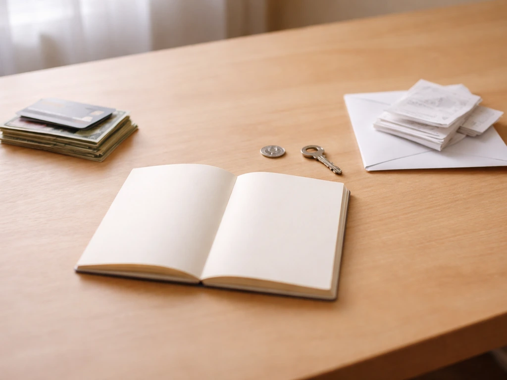 Minimal photo of a desk with scattered bills and a notebook labeled only by no visible text, symbolizing assets minus li