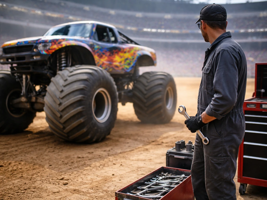 A pit-side mechanic stands beside a colorful monster truck at a stadium during Monster Jam.
