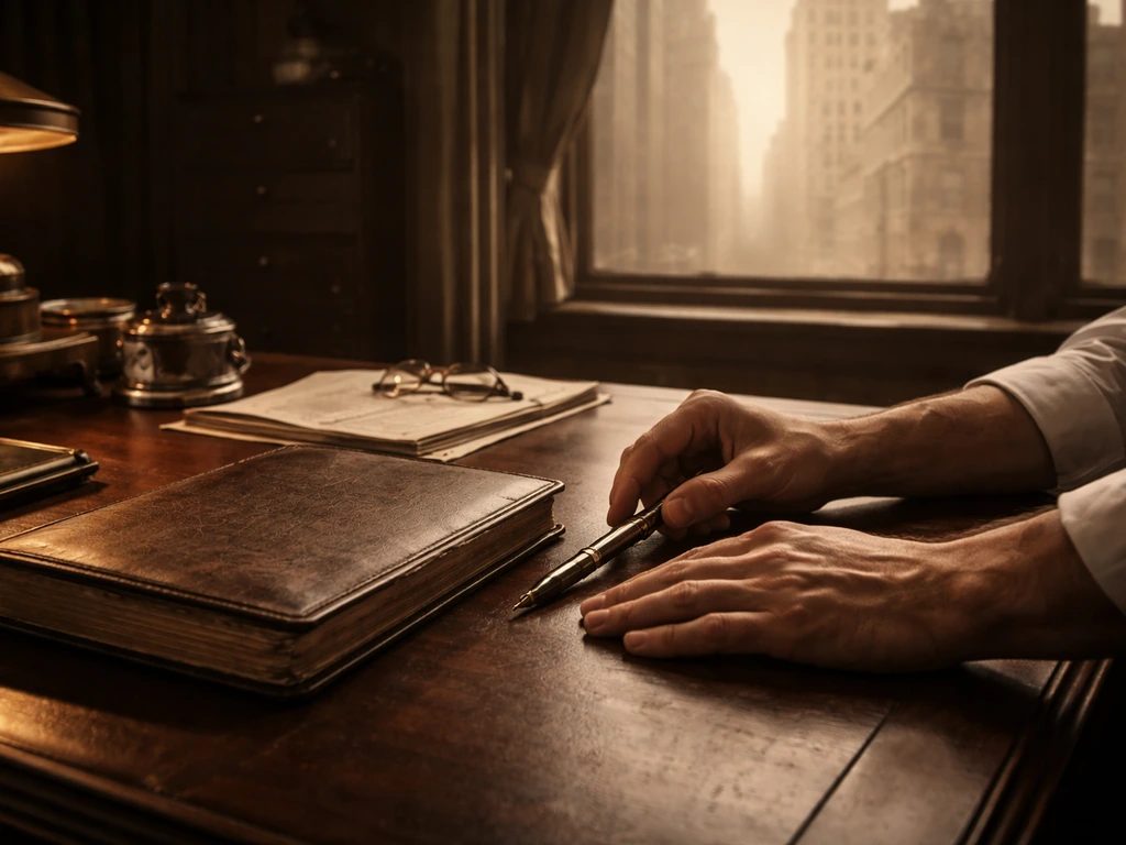 Anonymous hands place a fountain pen on an old leather ledger in a vintage Wall Street office.