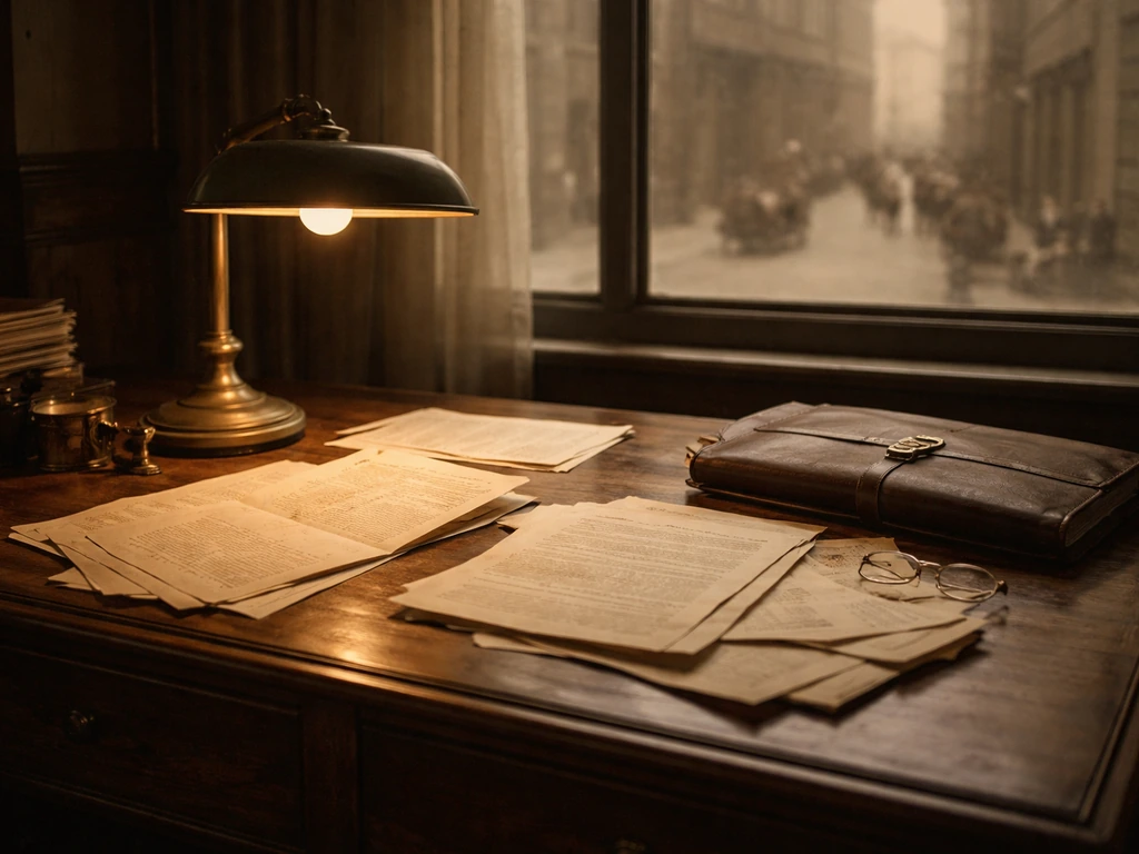 Vintage New York-style office desk with a brass desk lamp, aged papers, and a blurred financial street view.