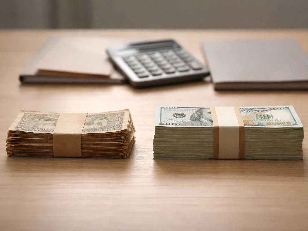 Minimal desk with two side-by-side stacks of old and modern money, calculator and notebook in soft focus.