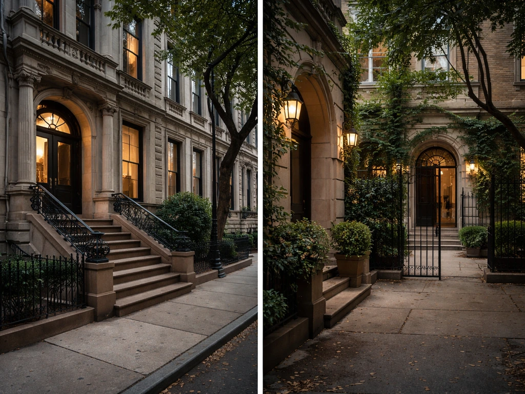 Vintage Manhattan townhouse facade at dusk with a second quiet property courtyard backdrop, suggesting real estate holdi