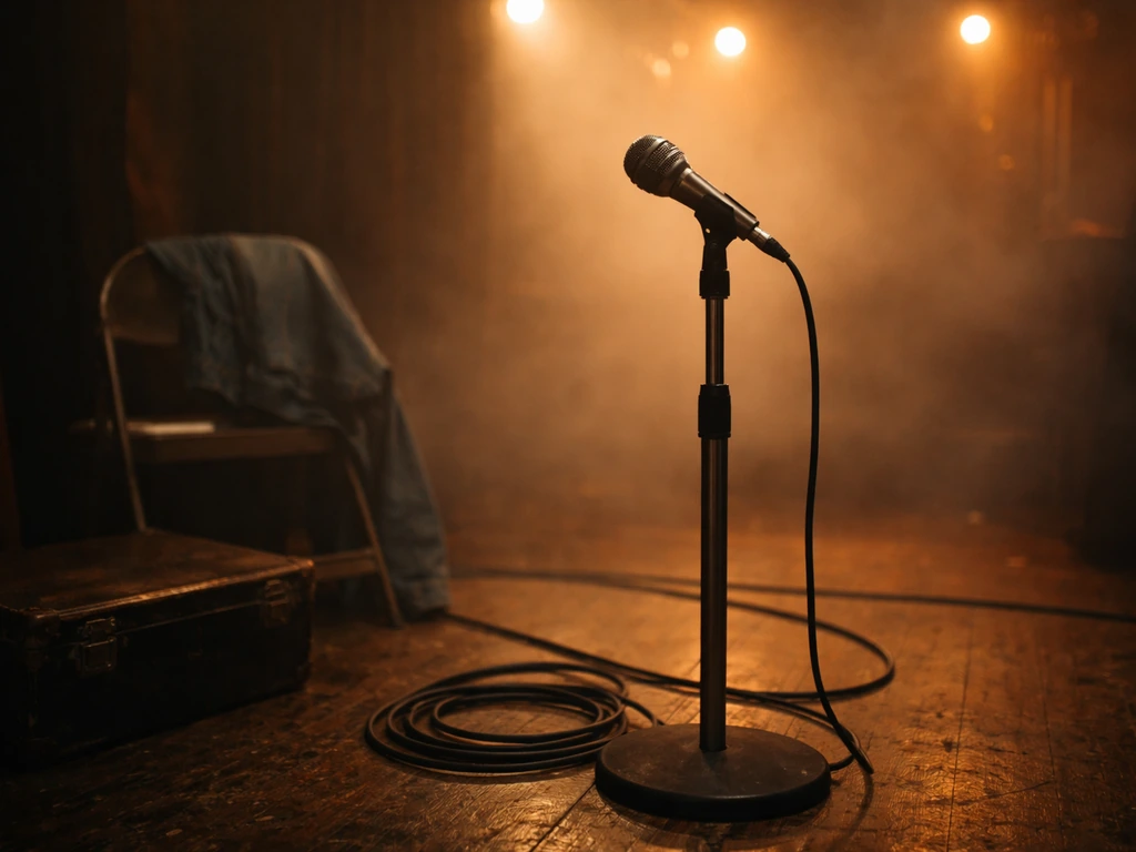 Vintage 1970s rock-and-roll backstage scene with a microphone and dim stage lights, no identifiable people.