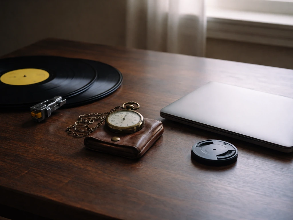 Minimal desk scene with vinyl records, an antique watch, and a closed laptop suggesting music and creative income.