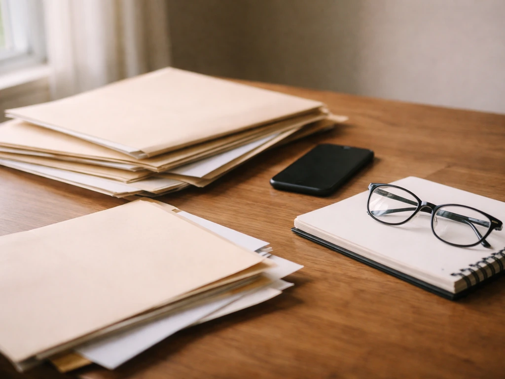 Anonymous desk scene with scattered folders, a smartphone, and a notebook symbolizing how net worth estimates are compil