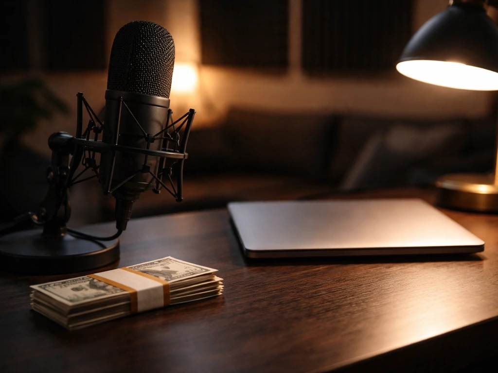 Minimal recording studio desk with a microphone and cash envelopes, symbolizing celebrity net worth range.