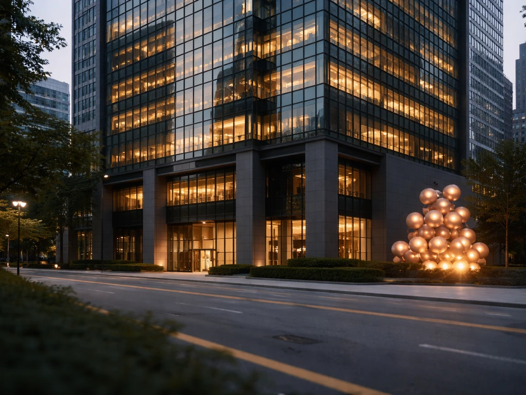 HYBE/Big Hit headquarters in Seoul at dusk with golden reflections suggesting financial growth.
