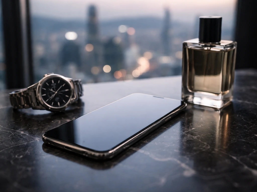 Luxury smartphone, watch, and fragrance on a marble desk with blurred city skyline bokeh in daylight.