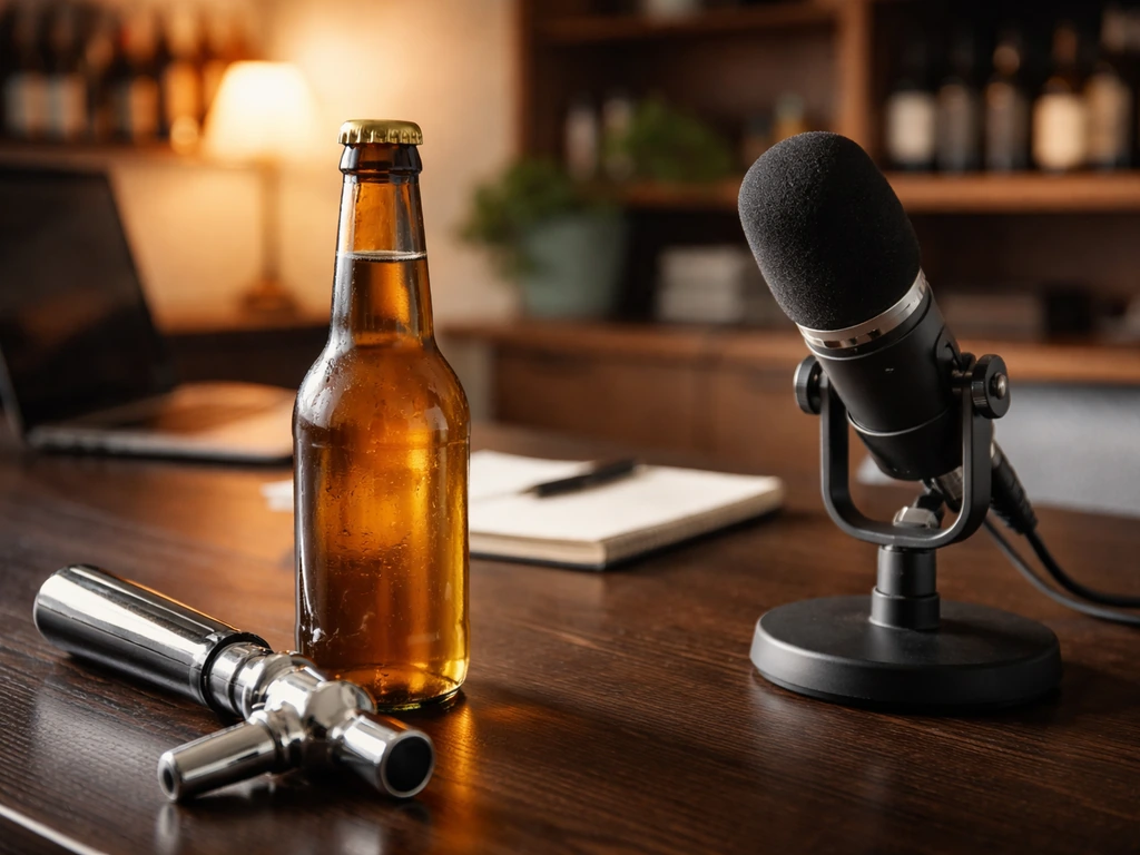 Minimal craft-beer office desk with a bottle, beer tap handle, and microphone, symbolizing leadership and media.