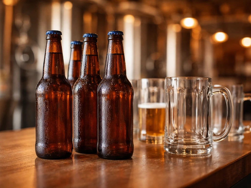 Samuel Adams-style beer bottles and mugs on a brewery bar with blurred stainless tanks behind