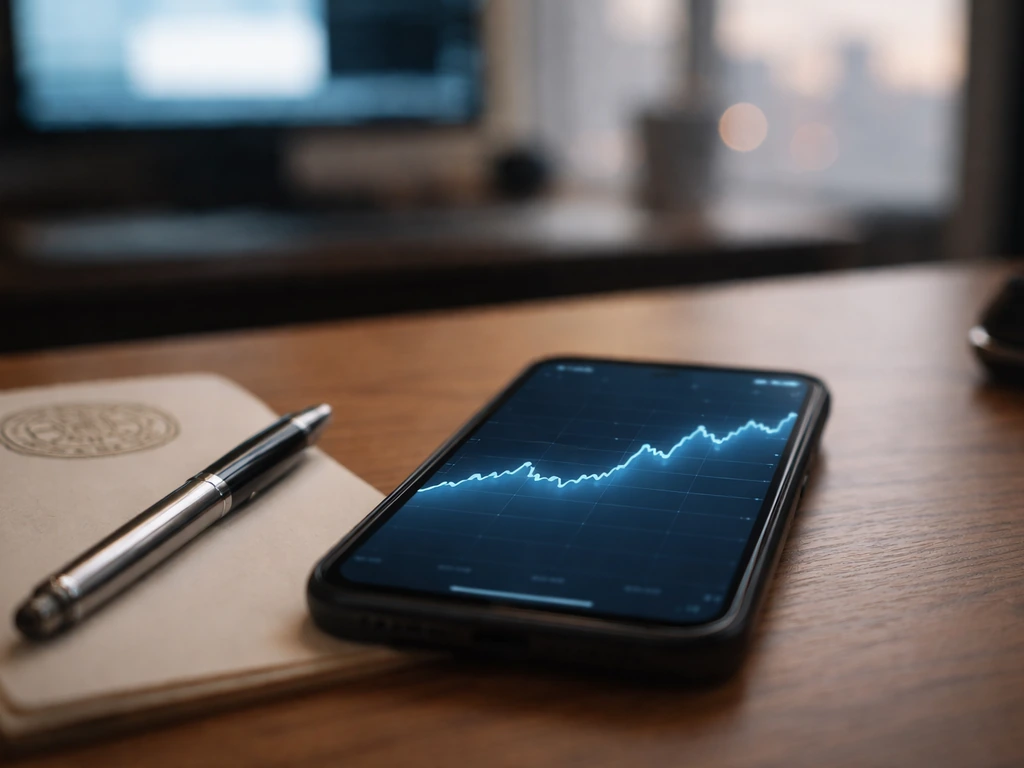 Close view of a smartphone showing a blurred stock line graph beside a Boston Beer-style bar logo on an off-white notepa