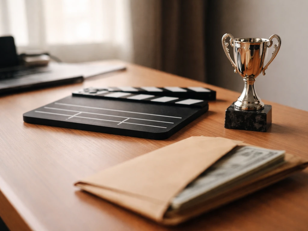 Minimal photo of a film production clapboard on a desk beside a glossy sports trophy and money envelope