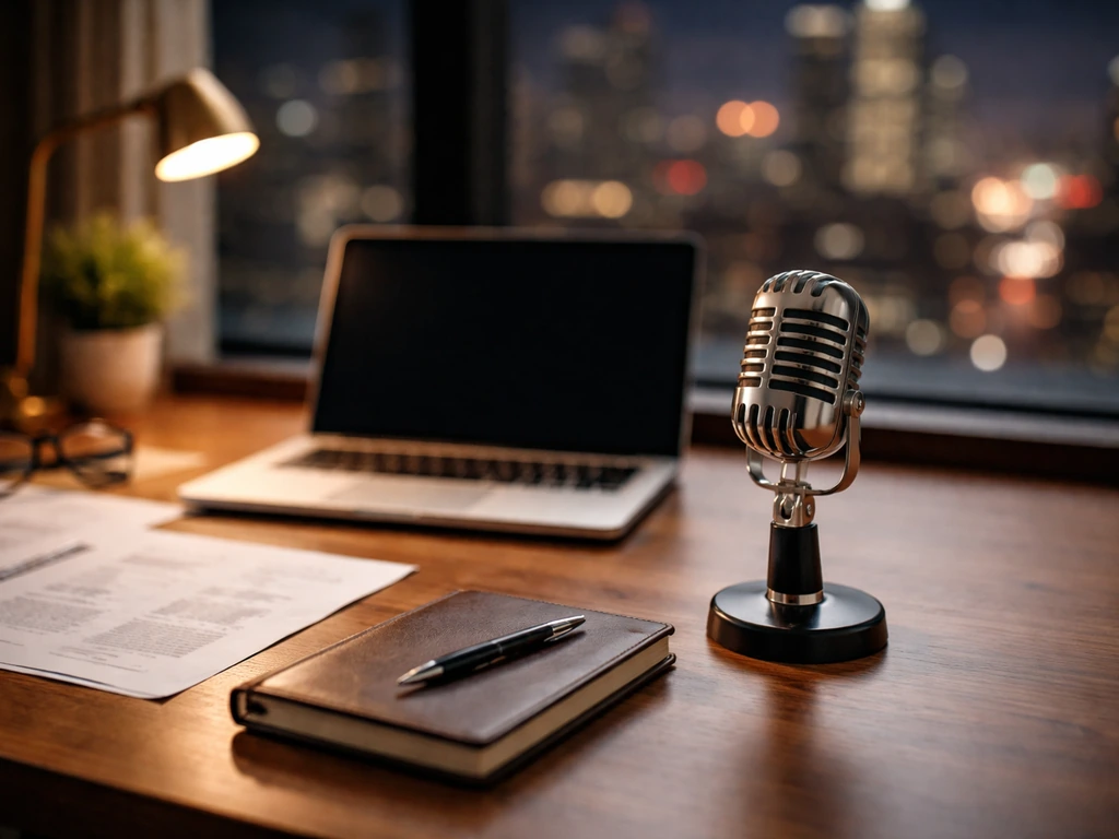 Minimal film-producer workspace with a microphone and laptop, symbolizing media and business.