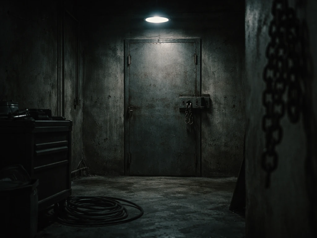 Cinematic dim film-set room with a vintage door and scattered production props, evoking the Saw franchise mood