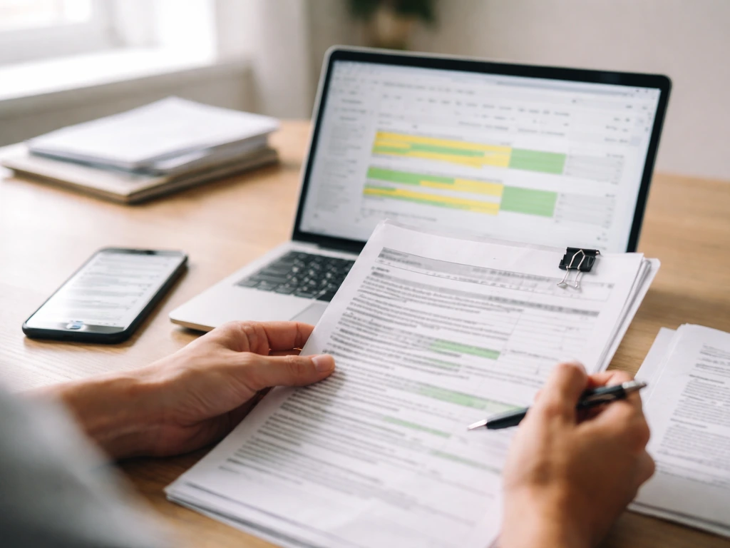 Hands at a desk with laptop spreadsheets highlighted and documents nearby, suggesting DIY net-worth verification.