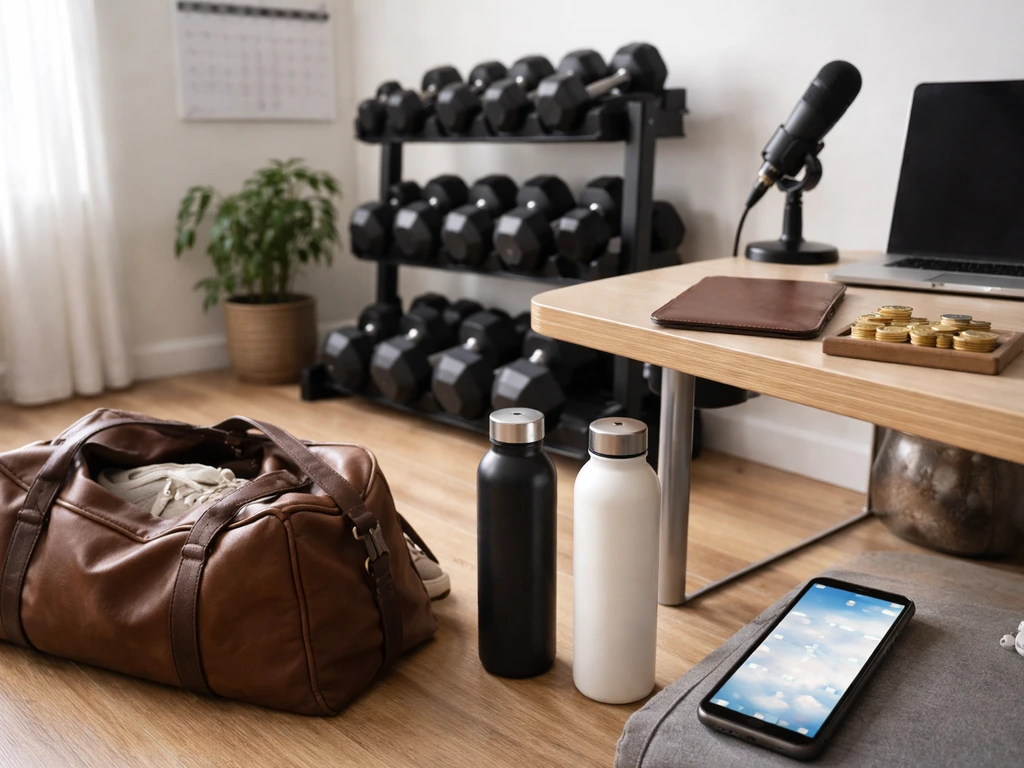 Minimal fitness studio scene with symbolic wealth cues for a coach-and-partner net worth topic