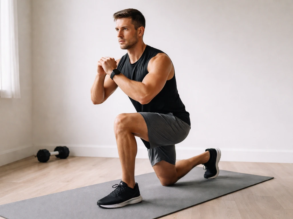 Anonymous fitness coach demonstrating a lunge in a bright, minimal home workout space.