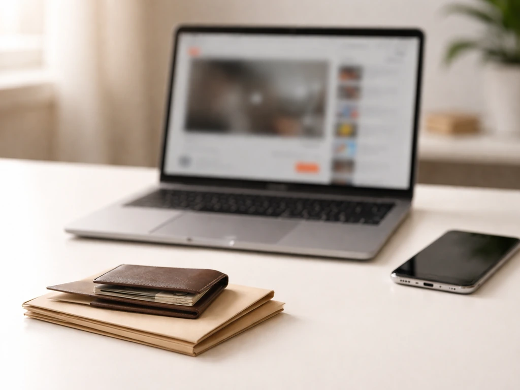 Minimal desk scene with a laptop and smartphone showing blurred finance/media icons, symbolizing income streams.