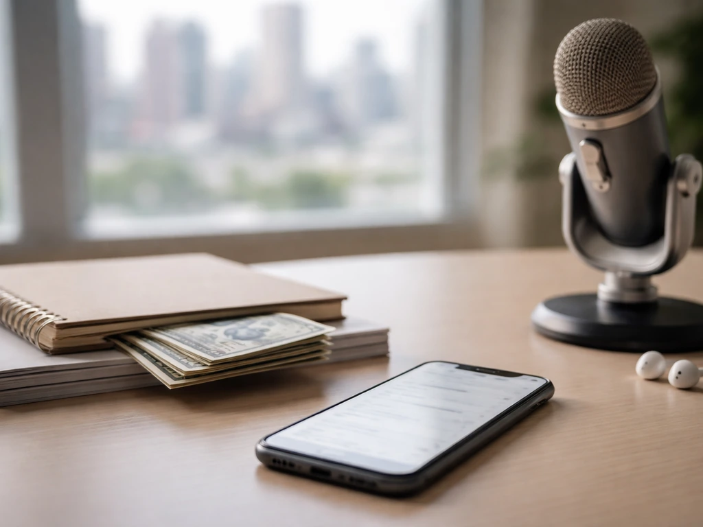 Minimal desk scene with smartphone search vibe and money symbolism, suggesting whether a net-worth figure is published.
