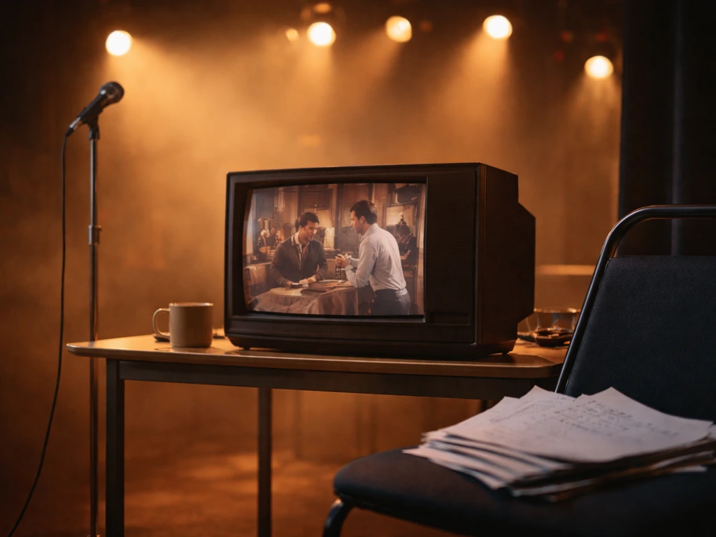 An Emmy-winning actor-themed ambiance: vintage TV set and dramatic stage lights suggesting a classic sitcom payday