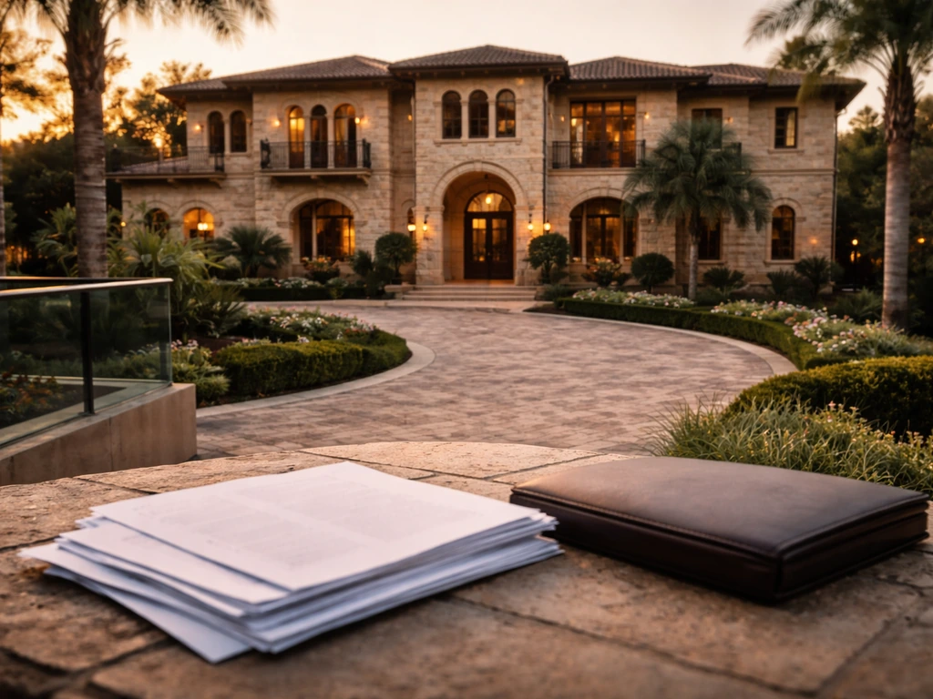 Golden-hour view of a luxury mansion with out-of-focus blank property papers on a stone patio table.