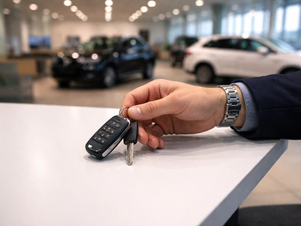 Hands holding car keys in a quiet car dealership showroom with blurred vehicles behind