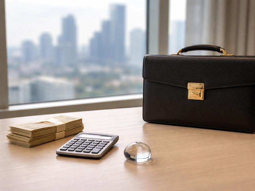Minimal office desk with briefcase, envelopes, and calculator near a window city view, symbolizing a net worth range.