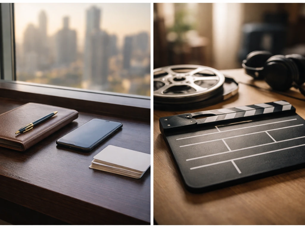 Split view of a finance executive desk scene beside a movie set prop scene to distinguish two Kipp Nelsons.