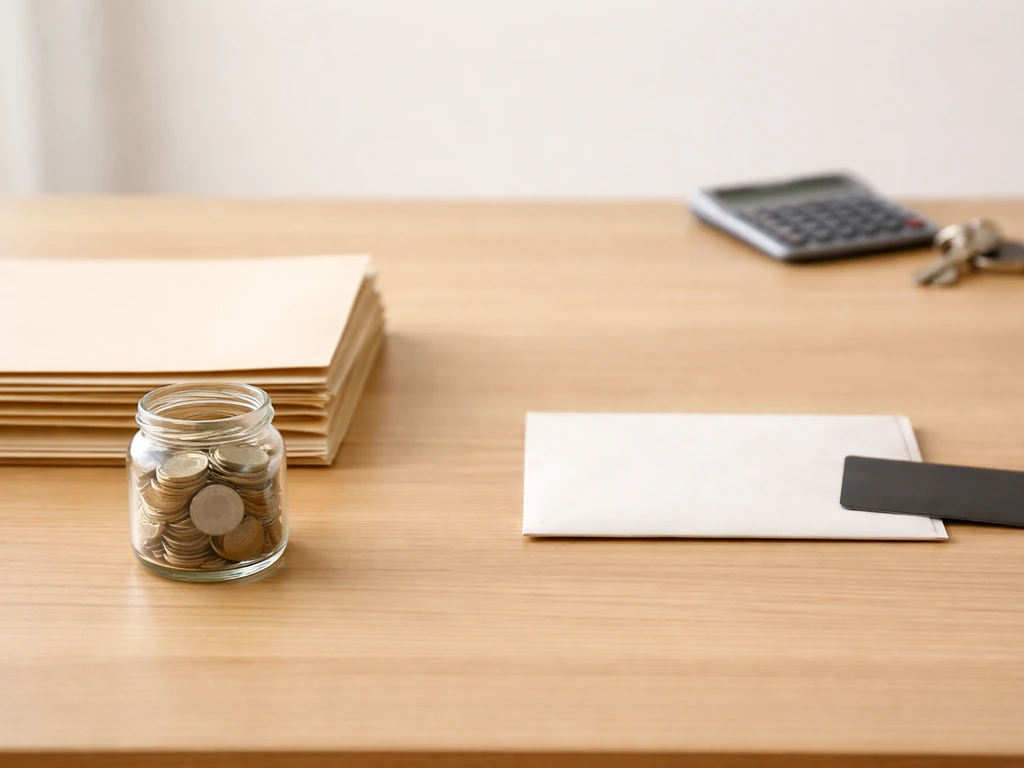 Minimal desk photo showing stacked folders and coins on one side, envelope and card on the other.
