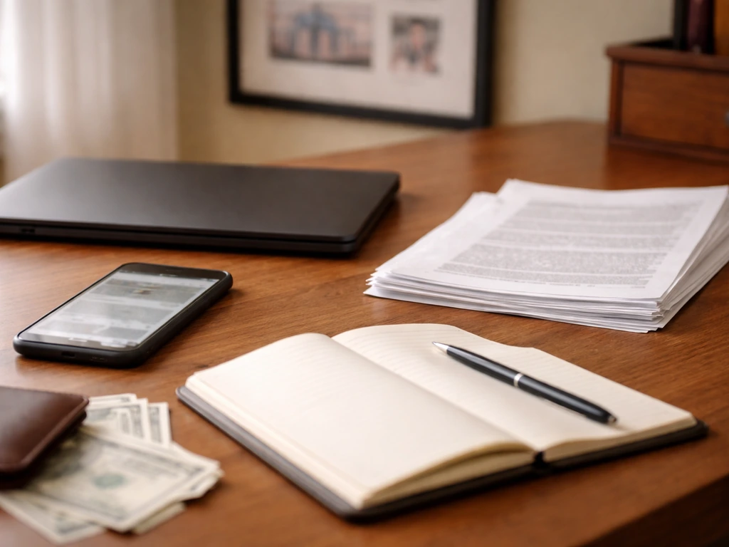 Minimal desk scene with blurred finance materials suggesting a $45M net worth estimate source.