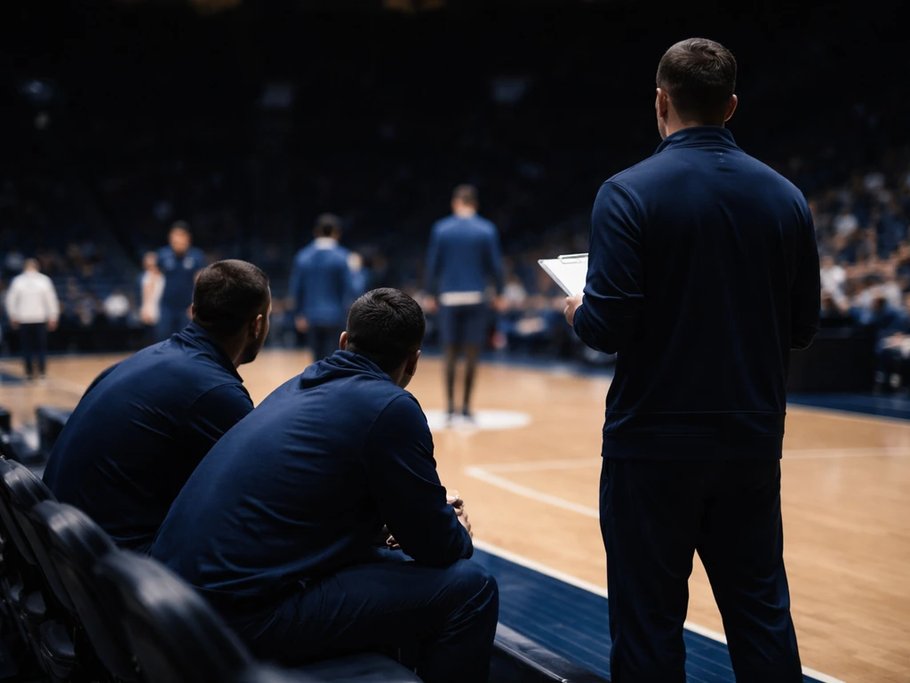 Duke basketball game day sideline with coaches and assistants in view near the bench