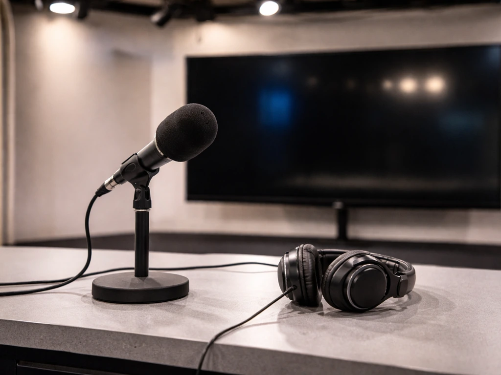 Empty TV studio setup with microphone and headphones, symbolizing media and endorsements.