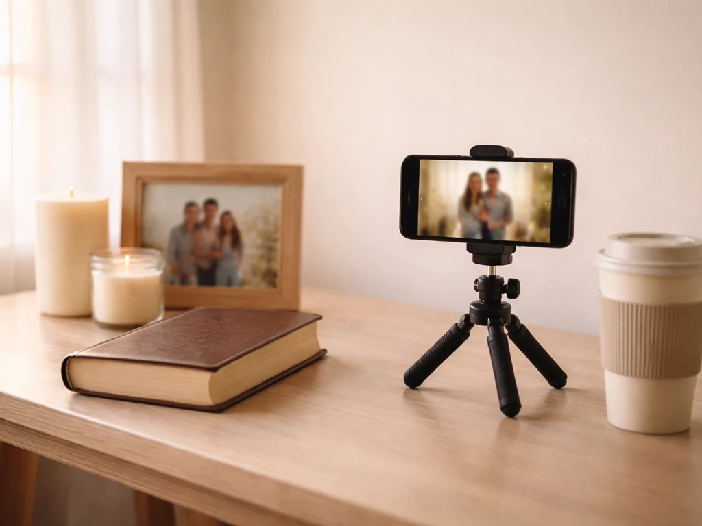 Anonymous YouTube creator desk setup with tripod phone, Bible, and family photo in warm natural light.