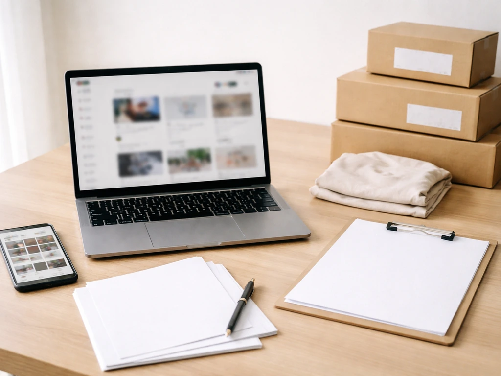 Minimal desk scene with laptop, blurred video dashboard, contract pages, clipboard, phone, and generic merch items