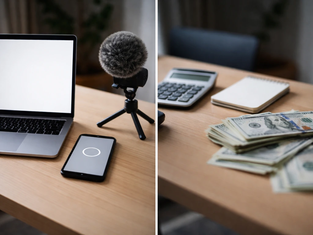 Minimal split scene showing public-media signals versus guessed deal value, using money and studio cues